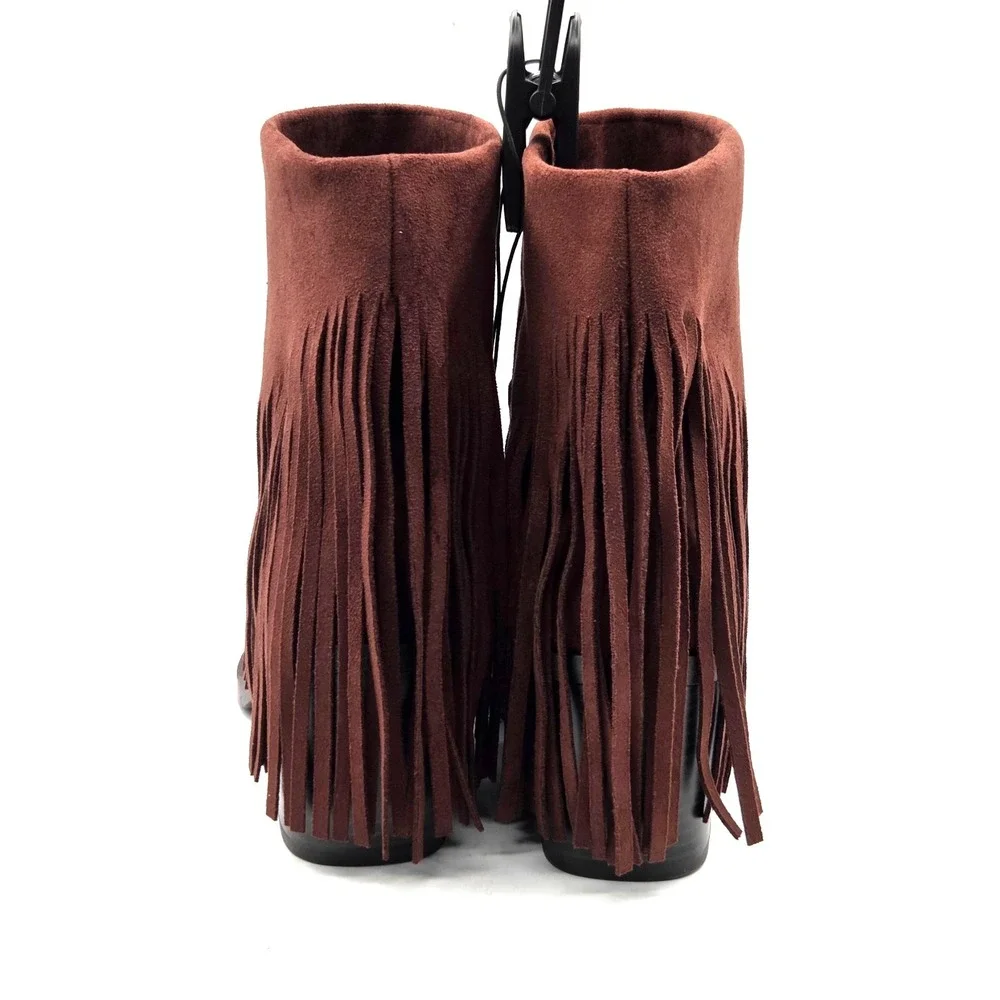 NEW Brown Suede Fringe Ankle Boots Booties Block Heel Zip Up Square Toe Size 6